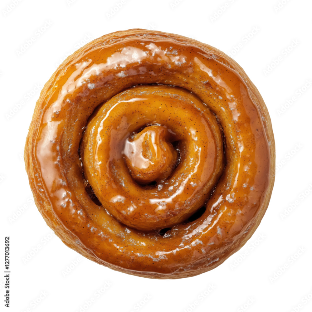 Fototapeta premium Sticky caramel cinnamon roll with a glossy glaze, isolated on a transparent background.