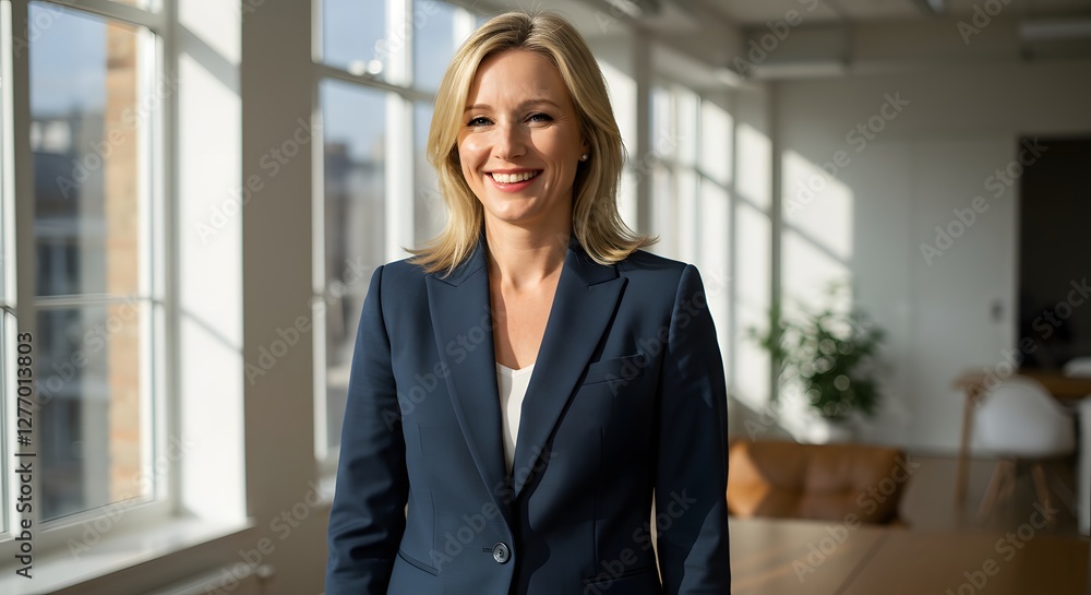 beautiful smile woman wearing a business suit, standing in the office, sunshine, with a little bit of blurred background with copy space beautiful smile woman wearing a business suit, standing in the office, sunshine, with a little bit of blurred background with copy space