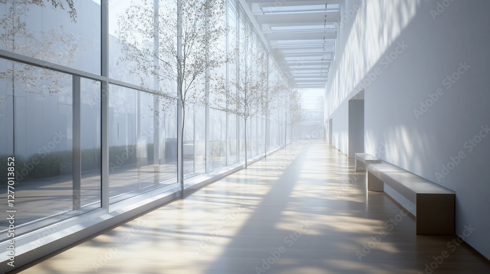 Obraz premium Sunlit modern hallway with trees outside.