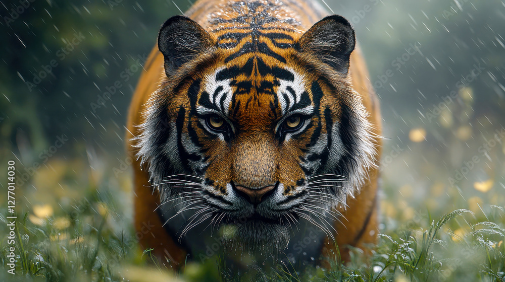 Fototapeta premium Close-up portrait of a tiger in the forest with focused eyes and raindrops