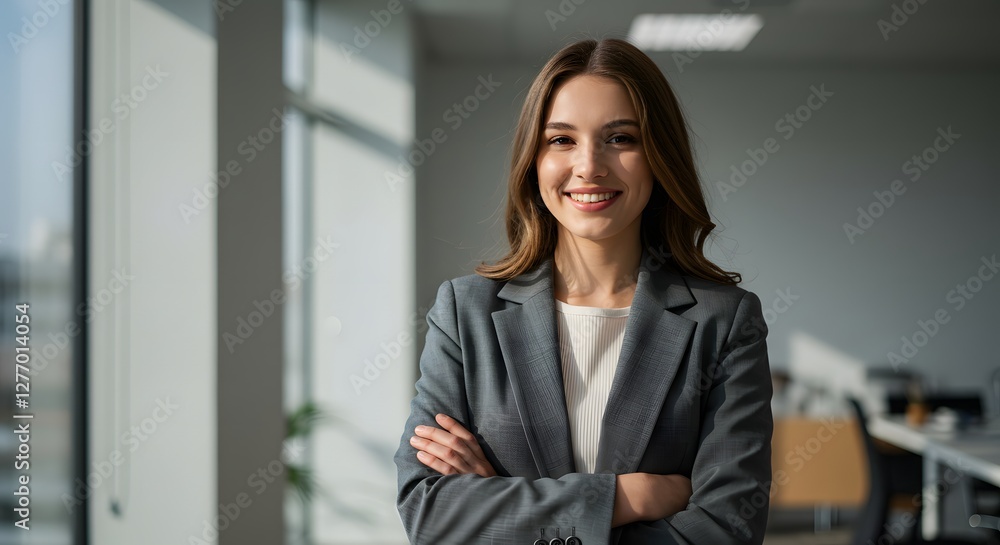 beautiful smile woman wearing a business suit, standing in the office, sunshine, with a little bit of blurred background with copy space beautiful smile woman wearing a business suit, standing in the office, sunshine, with a little bit of blurred background with copy space