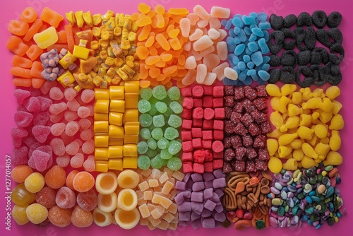 Colorful Assortment of Gummy Candies Arranged on a Vibrant Pink Background fo...