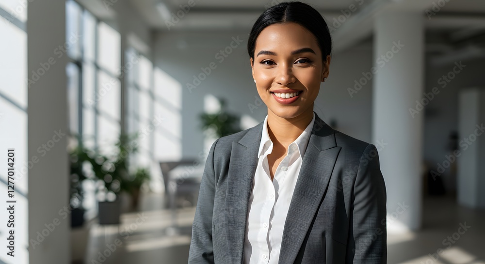 beautiful smile woman wearing a business suit, standing in the office, sunshine, with a little bit of blurred background with copy space beautiful smile woman wearing a business suit, standing in the office, sunshine, with a little bit of blurred background with copy space