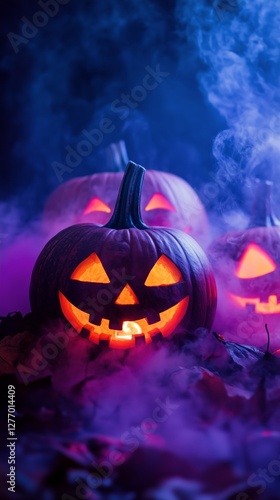 Halloween Pumpkins Glow in the Dark Amidst Purple Fog During a Spooky Celebra...