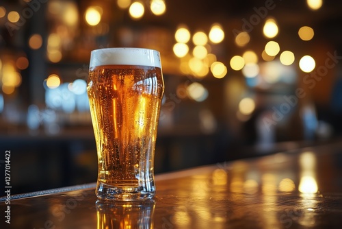 Craft Beer Glass Illuminated by Warm Lights in a Cozy Bar Setting During the ...