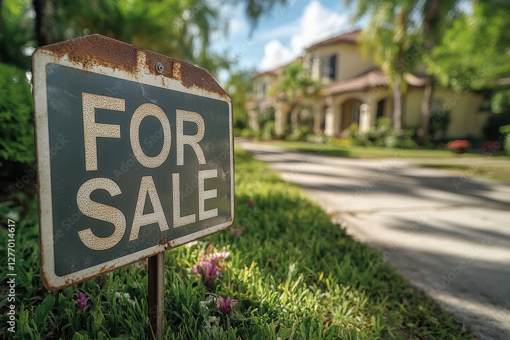 For sale sign in front of a beautiful new home on a sunny day For sale sign in front of a beautiful new home on a sunny day