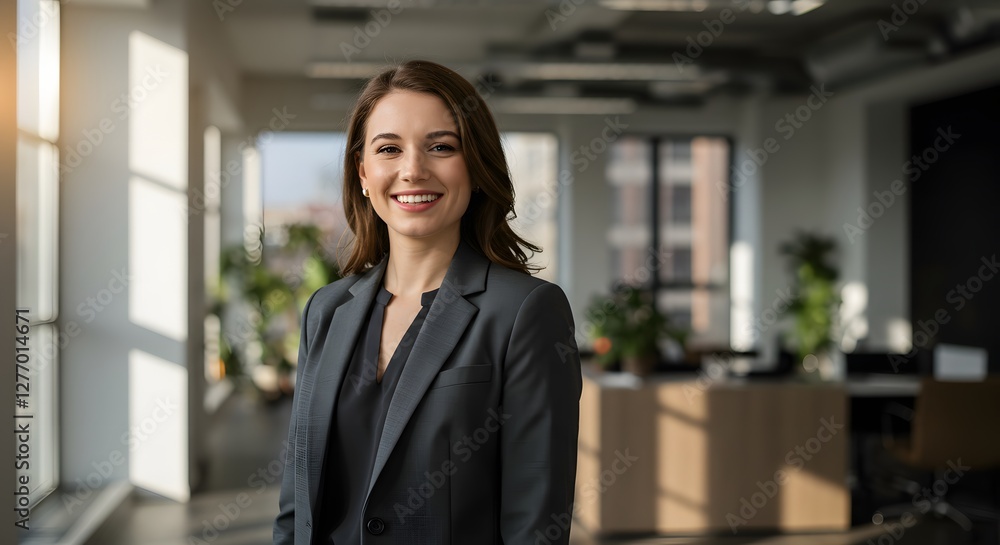 beautiful smile woman wearing a business suit, standing in the office, sunshine, with a little bit of blurred background with copy space beautiful smile woman wearing a business suit, standing in the office, sunshine, with a little bit of blurred background with copy space