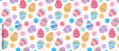 Seamless background with various colorful Easter eggs and flowers. Seamless Easter pattern.