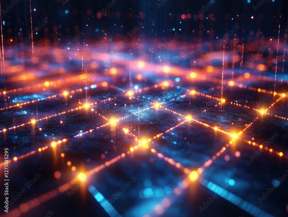 Fototapeta premium Digital Network: Glowing Lines & Nodes Abstractly Shine