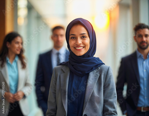 Obraz na płótnie Beautiful confident smiling Muslim business woman talking with colleagues at lobby, business meeting, people background, w salonie