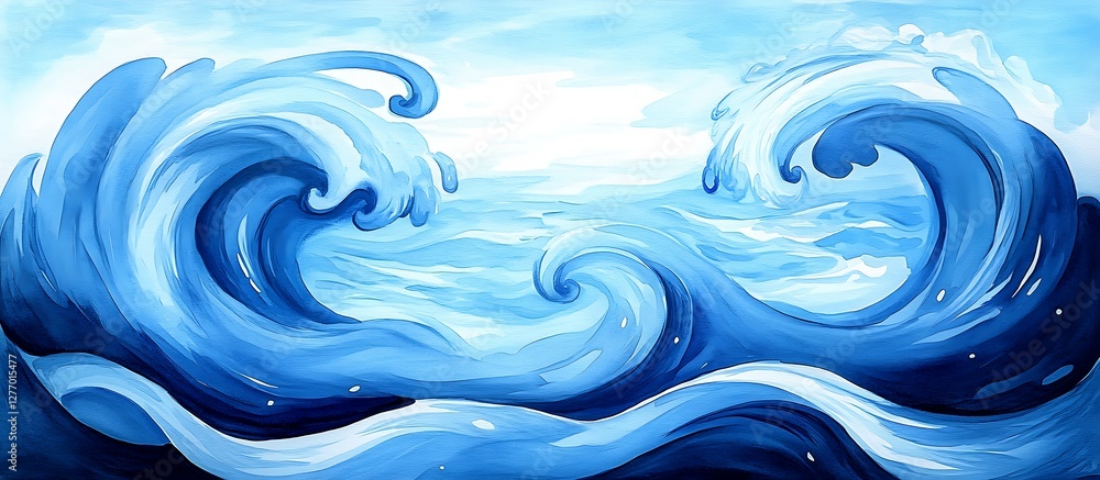 Ocean Waves, Sky Background, Illustration Ocean Waves, Sky Background, Illustration