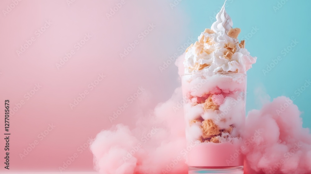 This image features a delightful cotton candy milkshake topped with whipped cream, perfect for evoking feelings of nostalgia and sweetness in viewers. This image features a delightful cotton candy milkshake topped with whipped cream, perfect for evoking feelings of nostalgia and sweetness in viewers.