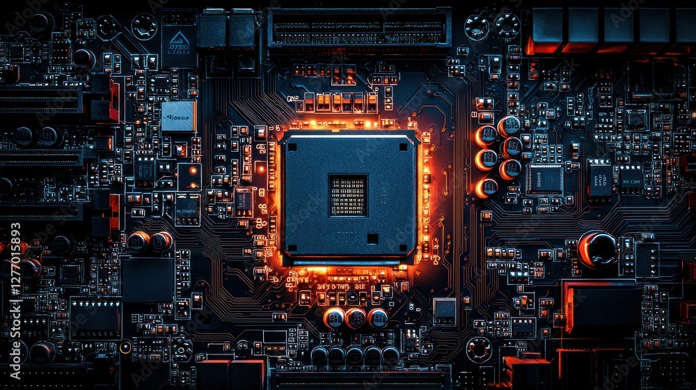 High-tech CPU glowing on circuit board, dark background High-tech CPU glowing on circuit board, dark background