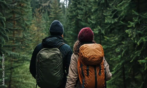 Wallpaper Mural Two backpackers stroll through a lush green forest, embodying the spirit of adventure, exploration, and connection with nature in an enchanting wilderness experience. Torontodigital.ca