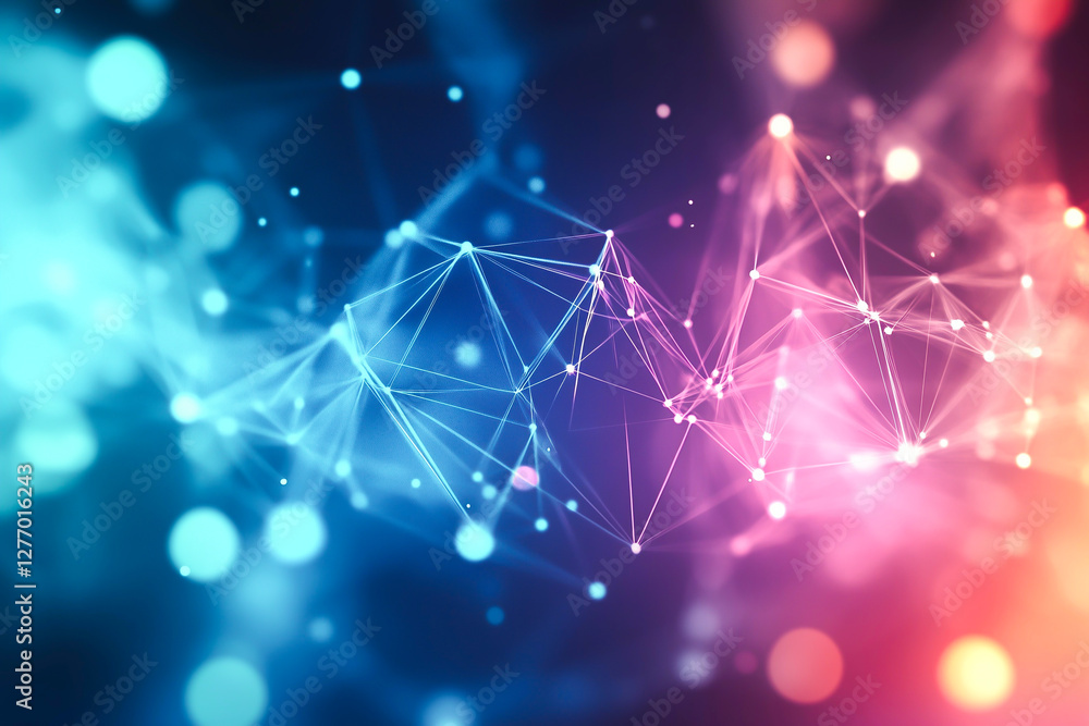 A futuristic digital visualization of a glowing network with interconnected nodes and lines. The abstract technology background in blue and pink represents communication, AI, and data flow.