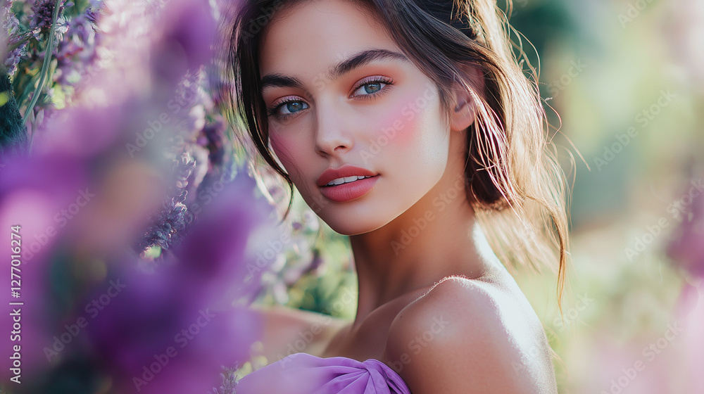 a graceful young woman in purple dress , surrounded by lush greenery and blooming flowers , sunlight filtering through the trees , model girl in the garden a graceful young woman in purple dress , surrounded by lush greenery and blooming flowers , sunlight filtering through the trees , model girl in the garden