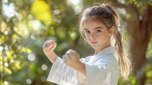 Girl in karate gi outdoors, martial arts pose.