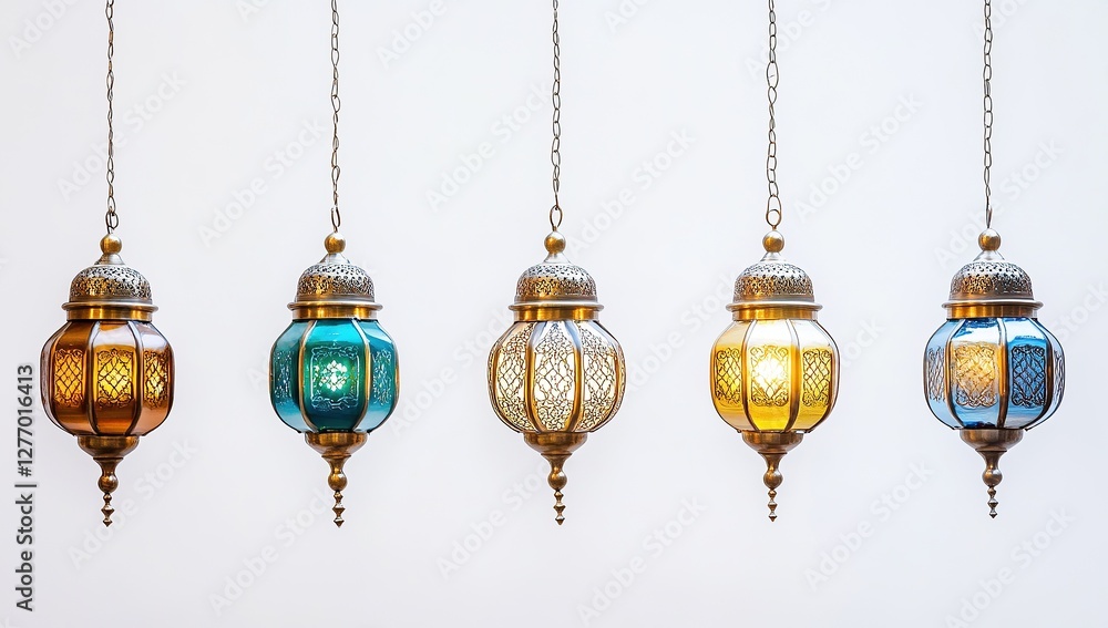 A row of hanging Ramadan lanterns in various colors, including blue and gold A row of hanging Ramadan lanterns in various colors, including blue and gold