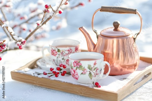 Cozy outdoor winter tea setting with rustic copper teapot and floral teacups surrounded by snow and pink berries photo