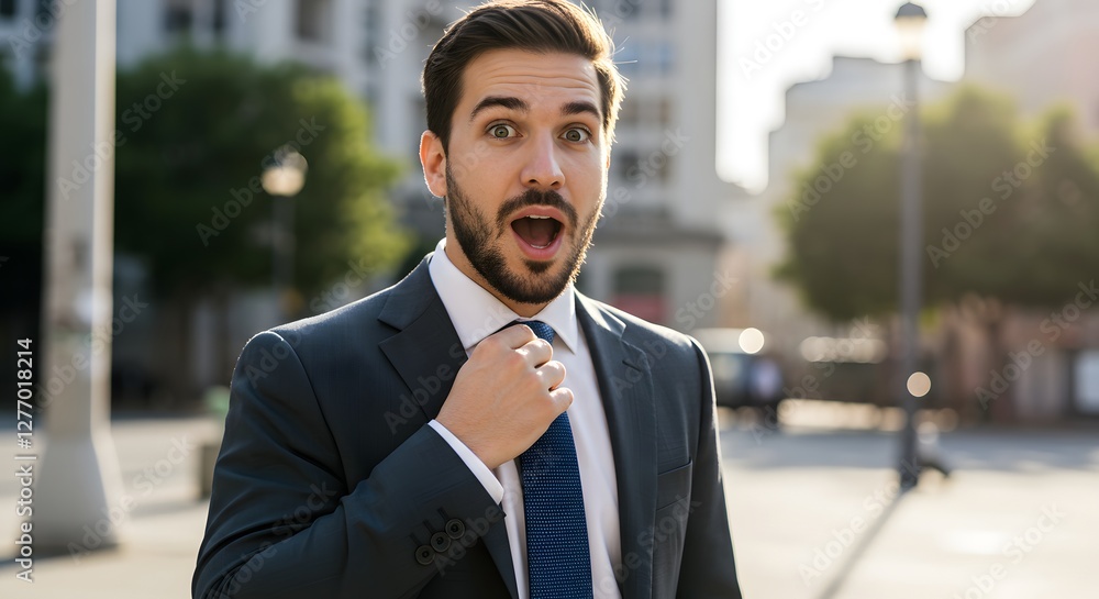 Fototapeta premium A handsome happy man wearing a full business suit, a surprised face, standing in the city, sunshine, with a little bit blurred background with side copy space