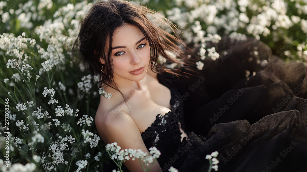 a graceful young woman in black dress , surrounded by lush greenery and blooming flowers , sunlight filtering through the trees , model girl in the garden a graceful young woman in black dress , surrounded by lush greenery and blooming flowers , sunlight filtering through the trees , model girl in the garden