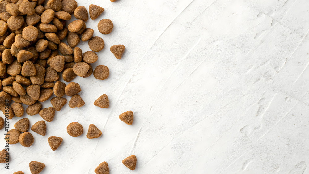 flat lay of dry dog's food without bowl on the white textured background flat lay of dry dog's food without bowl on the white textured background