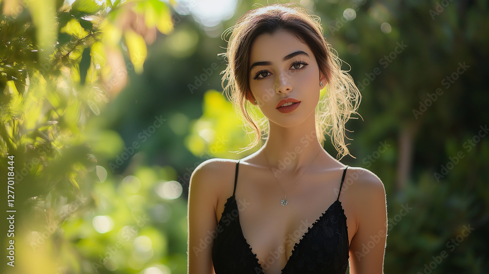 Naklejka premium a graceful young woman in black dress , surrounded by lush greenery and blooming flowers , sunlight filtering through the trees , model girl in the garden 