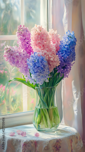 Colorful pastel pink, purple, and blue hyacinth flowers in a vase

