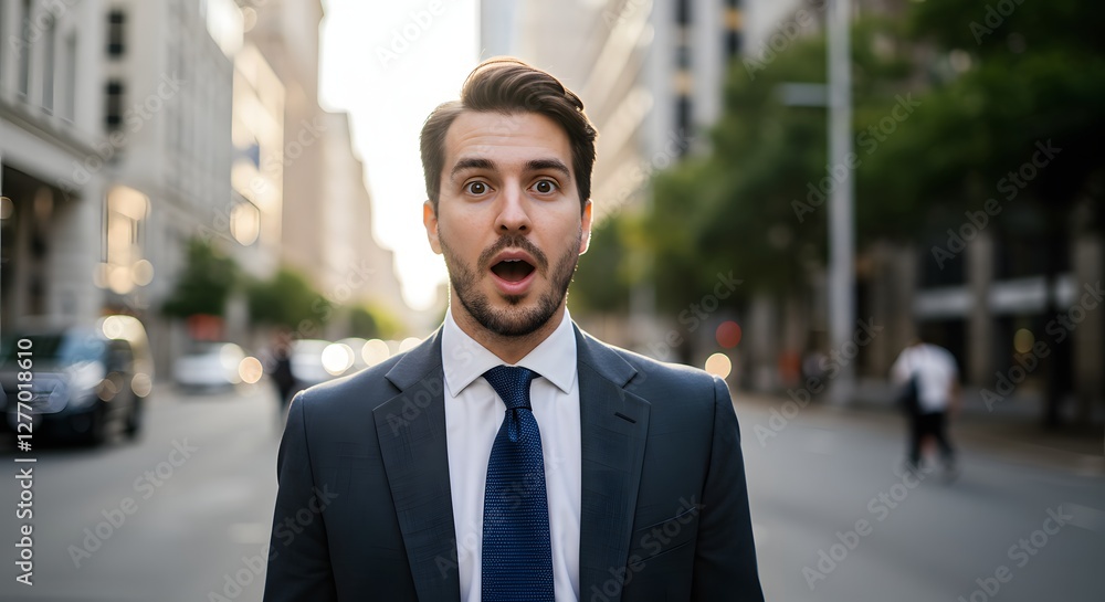 A handsome happy man wearing a full business suit, a surprised face, standing in the city, sunshine, with a little bit blurred background with side copy space A handsome happy man wearing a full business suit, a surprised face, standing in the city, sunshine, with a little bit blurred background with side copy space