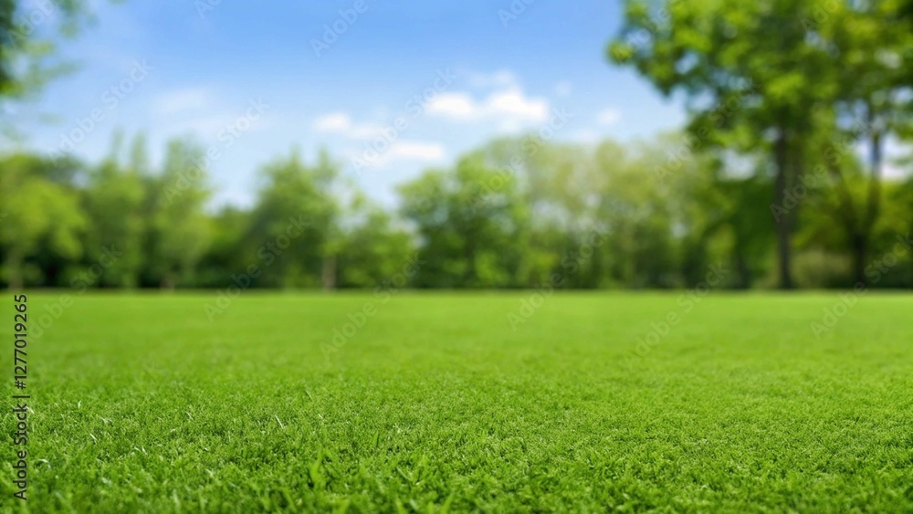 Lush Green Grass with Blurred Trees and Blue Sky in the Background
Lush Green Grass with Blurred Trees and Blue Sky in the Background