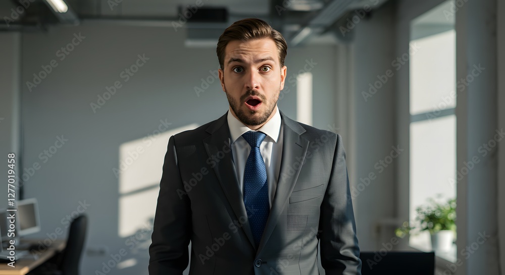 A handsome happy man wearing a full business suit, a surprised face, standing in the office, sunshine, with a little bit blur background with side copy space A handsome happy man wearing a full business suit, a surprised face, standing in the office, sunshine, with a little bit blur background with side copy space