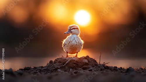 A charming duck stands on a mound, illuminated by a stunning sunset, highlighting the beauty of nature and the serenity of wildlife in a tranquil setting.