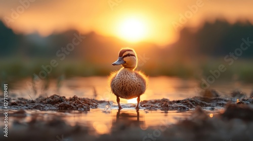 A fluffy duckling stands gracefully in the water at sunset, radiating warmth and innocence against the breathtaking backdrop of nature's tranquil beauty.