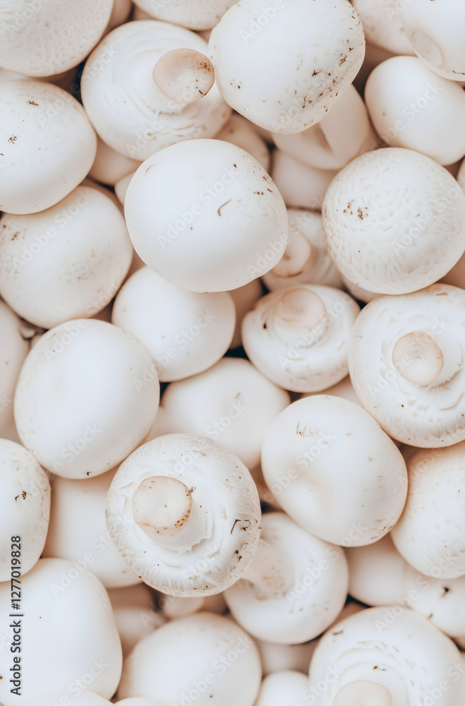 Fresh White Button Mushrooms in a Close-Up View Fresh White Button Mushrooms in a Close-Up View