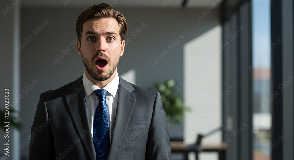 Fototapeta premium A handsome happy man wearing a full business suit, a surprised face, standing in the office, sunshine, with a little bit blur background with side copy space
