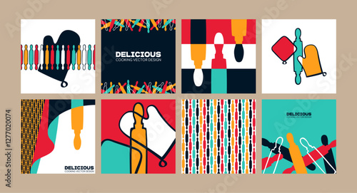 Rolling pin abstract art. Bakery square flyer card template set. Pastry kitchen colorful vector design.