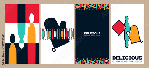 Food art vertical banner set. Bakery artistic design templates. Rolling pin and mitten kitchen tools vector template set.