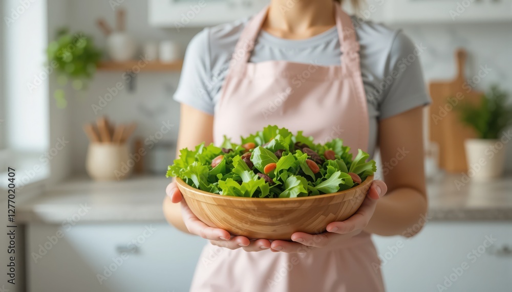 In a bright and inviting kitchen, a person holds a large wooden bowl filled with vibrant green lettuce and bright cherry tomatoes, showcasing the joy of cooking with fresh ingredients In a bright and inviting kitchen, a person holds a large wooden bowl filled with vibrant green lettuce and bright cherry tomatoes, showcasing the joy of cooking with fresh ingredients