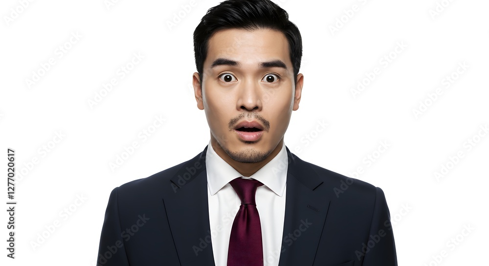 A handsome happy man wearing a full business suit, surprised face, isolated on a white background, side copy space A handsome happy man wearing a full business suit, surprised face, isolated on a white background, side copy space