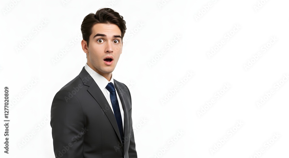 A handsome happy man wearing a full business suit, surprised face, isolated on a white background, side copy space A handsome happy man wearing a full business suit, surprised face, isolated on a white background, side copy space