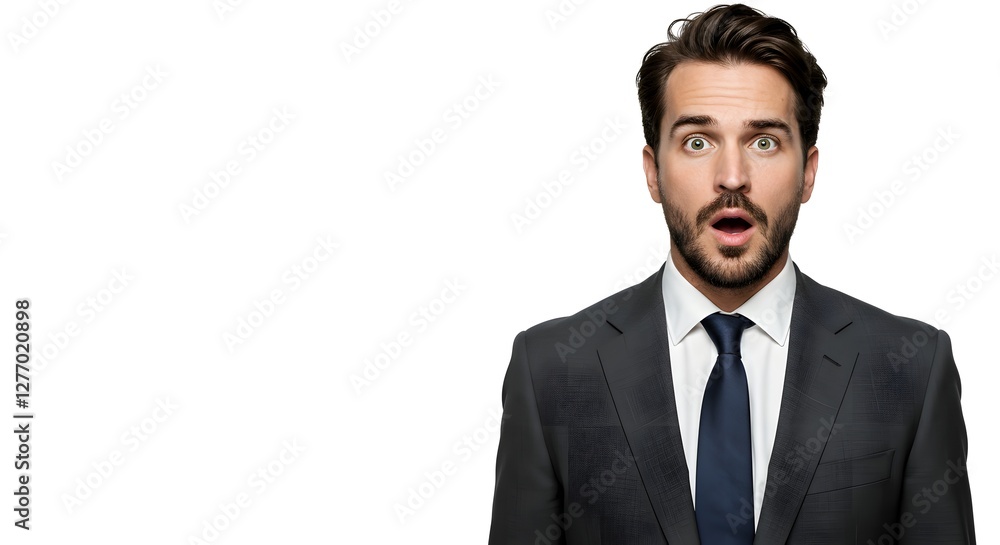 A handsome happy man wearing a full business suit, surprised face, isolated on a white background, side copy space A handsome happy man wearing a full business suit, surprised face, isolated on a white background, side copy space