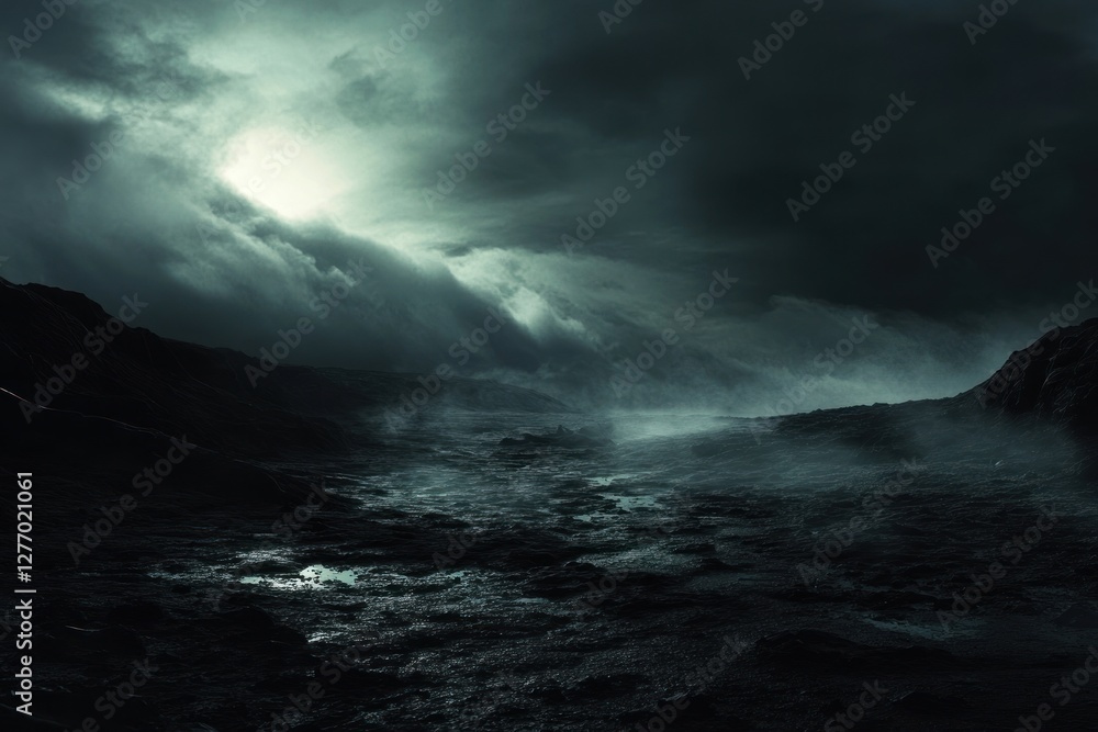 Fototapeta premium Dark foggy landscape sky dramatic clouds.