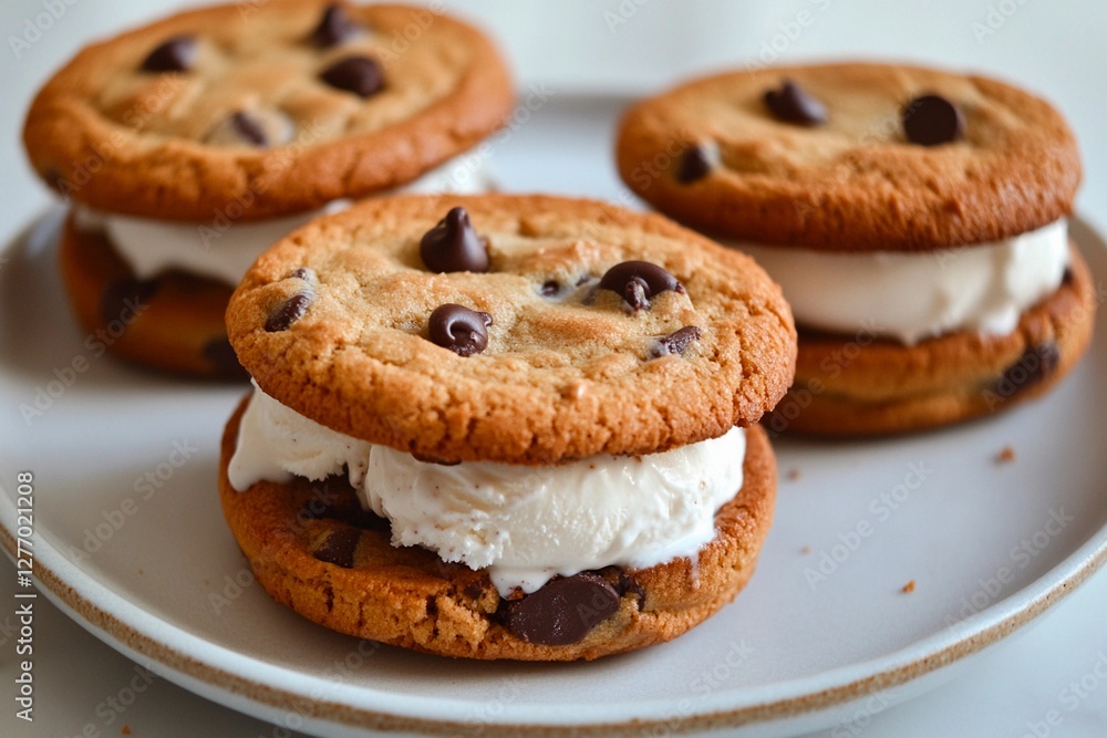 Delicious ice cream sandwiches made with chocolate chip cookies at a cozy kitchen setting Delicious ice cream sandwiches made with chocolate chip cookies at a cozy kitchen setting