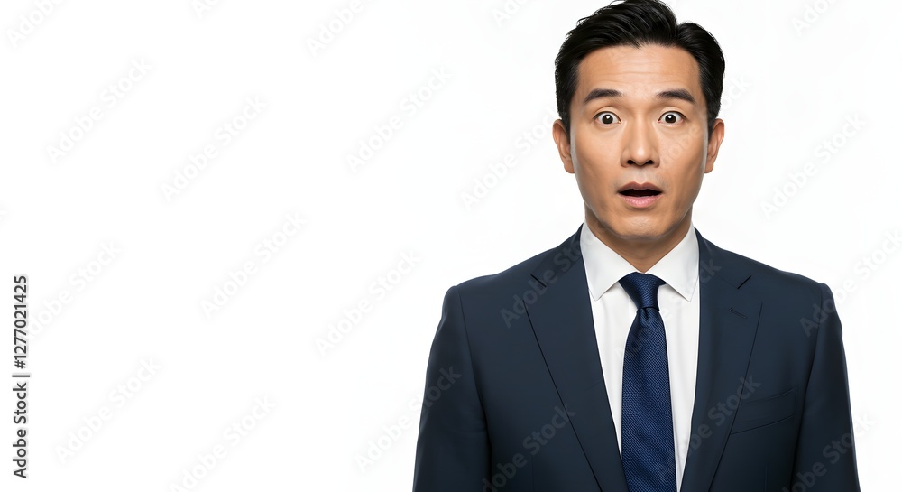 A handsome happy man wearing a full business suit, surprised face, isolated on a white background, side copy space A handsome happy man wearing a full business suit, surprised face, isolated on a white background, side copy space