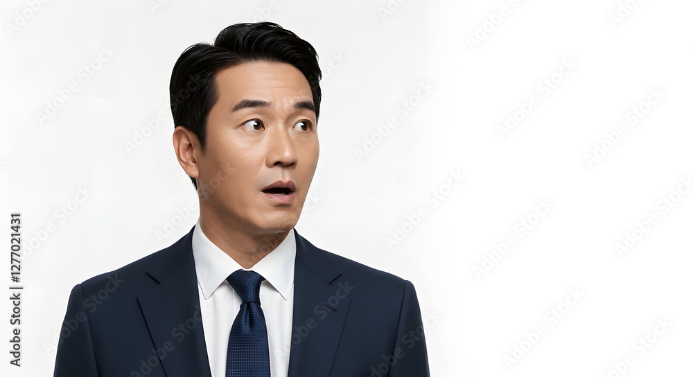 A handsome happy man wearing a full business suit, surprised face, isolated on a white background, side copy space A handsome happy man wearing a full business suit, surprised face, isolated on a white background, side copy space