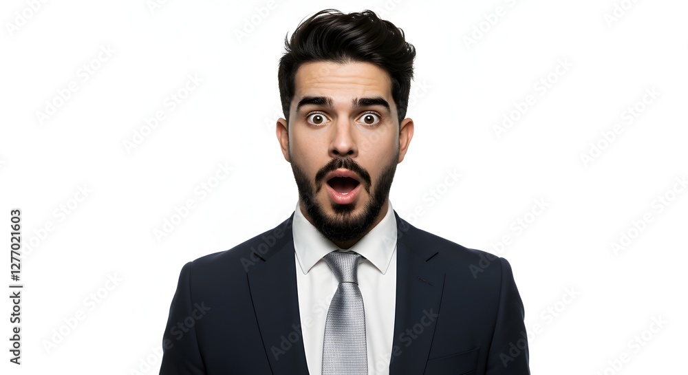 A handsome happy man wearing a full business suit, surprised face, isolated on a white background, side copy space A handsome happy man wearing a full business suit, surprised face, isolated on a white background, side copy space