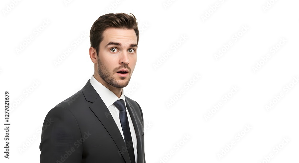 A handsome happy man wearing a full business suit, surprised face, isolated on a white background, side copy space A handsome happy man wearing a full business suit, surprised face, isolated on a white background, side copy space