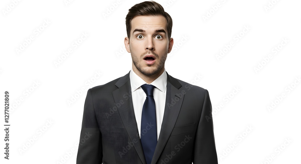A handsome happy man wearing a full business suit, surprised face, isolated on a white background, side copy space A handsome happy man wearing a full business suit, surprised face, isolated on a white background, side copy space