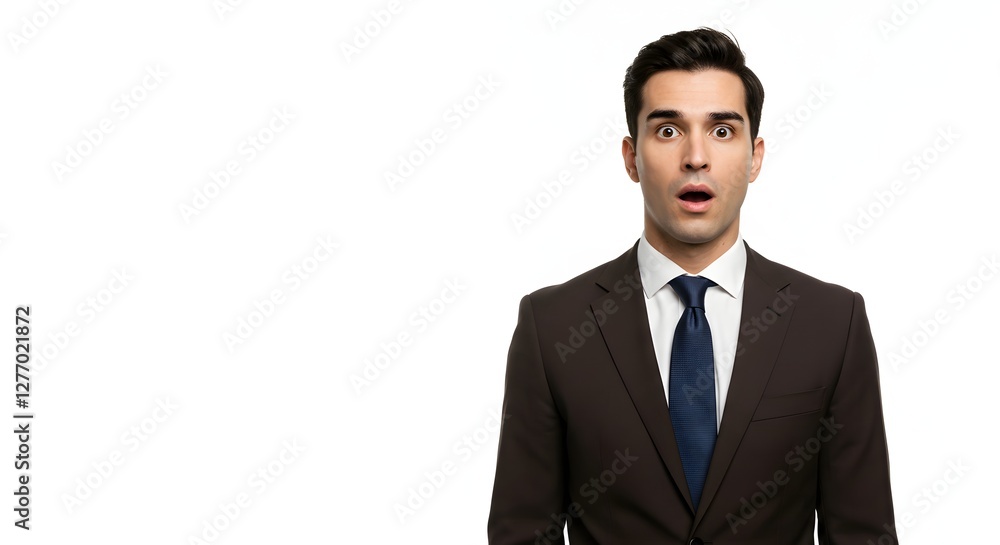 A handsome happy man wearing a full business suit, surprised face, isolated on a white background, side copy space A handsome happy man wearing a full business suit, surprised face, isolated on a white background, side copy space