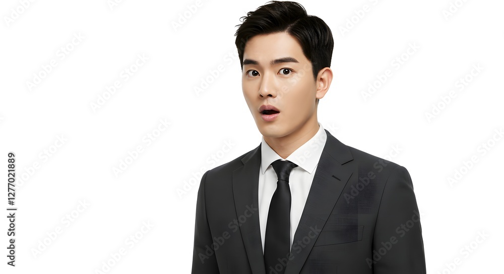 A handsome happy man wearing a full business suit, surprised face, isolated on a white background, side copy space A handsome happy man wearing a full business suit, surprised face, isolated on a white background, side copy space